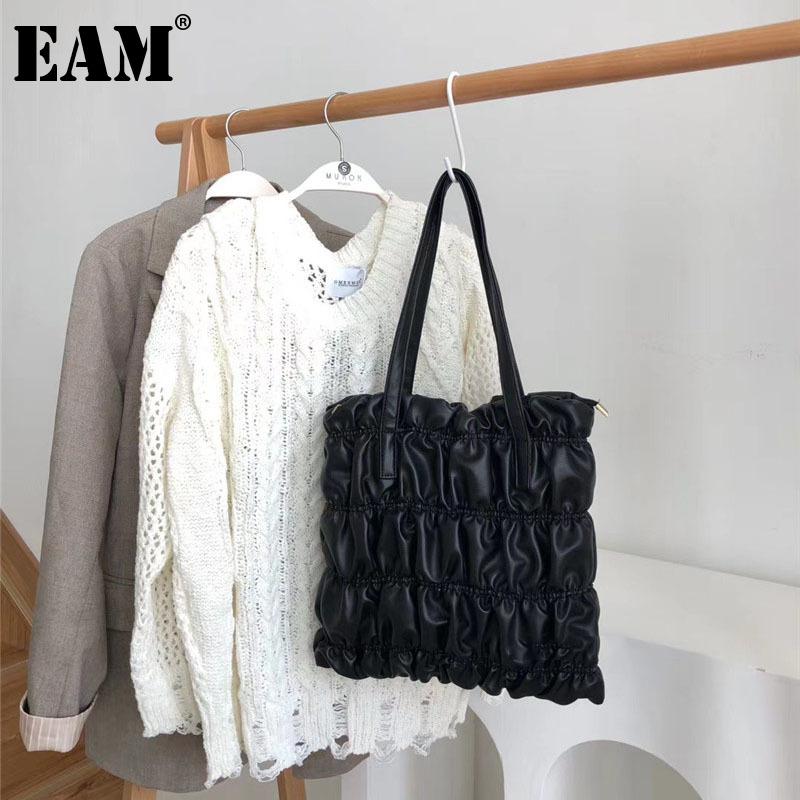 

[EAM] Women New Wrinkled Tote Bag Handbag PU Leather Personality All-match Crossbody Shoulder Bag Fashion Tide 2021 18A1703, Black