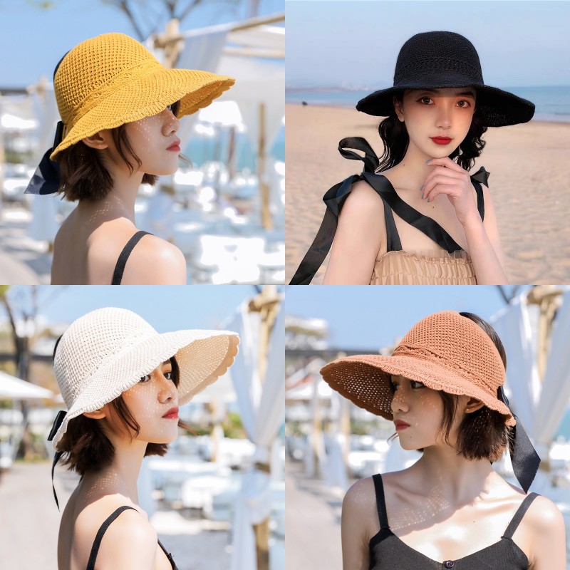 

Foldable Bohemia Sun Hats For Women Wide Brim Adjustable Back With A Bow Summer Sombreros Ladies Beach UA Straw Visors Packable Fishing Cap, A-black