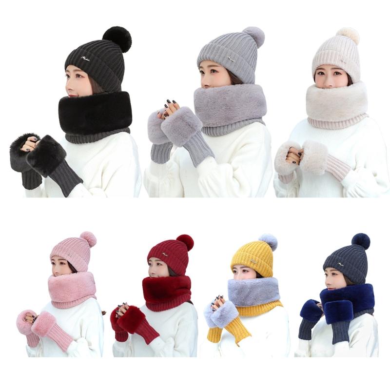 

Women Winter 3Pcs Pompom Beanie Hat Furry Circle Scarf Fingerless Gloves Set M89E