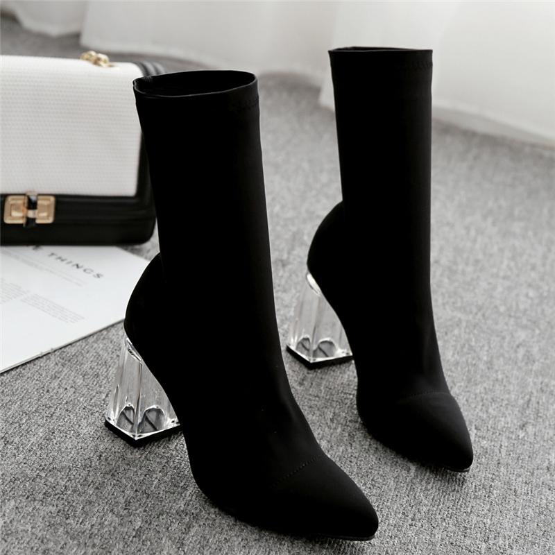 

2020 Autumn Spring Fashion Women Silk Socks Boots Satin Yarn Elastic Ankle Boots Clear Perspex Heels Slip On Party Shoes, Gray 3