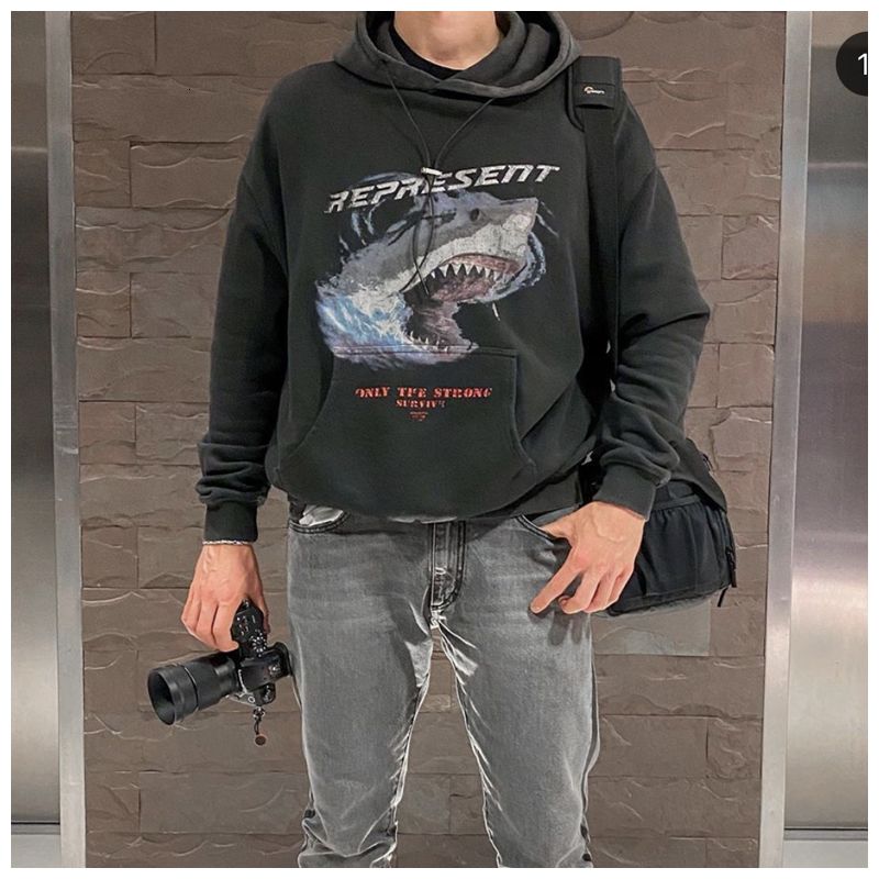

2021 Represent Winter New Shark Print Couple High Street Dark Washed Old Cotton Hoodie for Men and Women Ia4y, Black