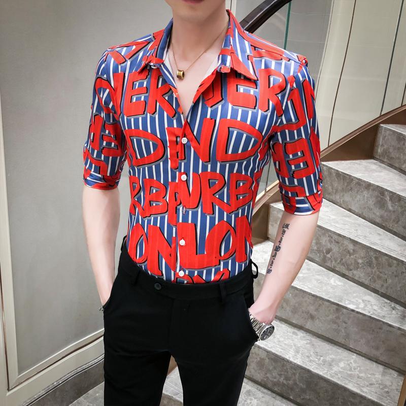 

Loldeal High Quality Summer Print Shirt Men Fashion Slim Fit Men Striped Shirts Casual Half Sleeve Letter Work Shirt Streetwear, As the photo show