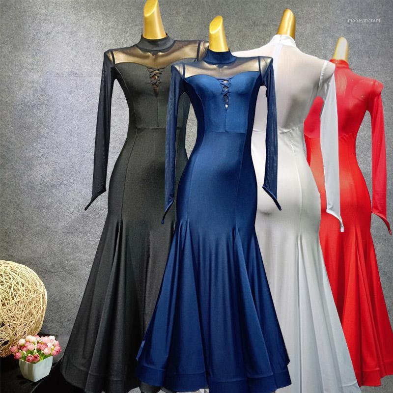 

New Ballroom Dance Competition Dresses Elegant Waltz Dress Black/Red/Blue Long Sleeve Dress Womens Ballroom Dance Dresses VDB5031, White dress