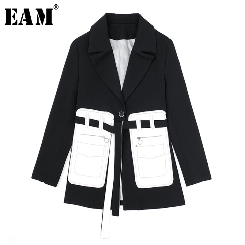 EAM Women Black Pocket Split Temperament Blazer Lapel Long Sleeve Loose Fit Jacket Fashion Spring Autumn 1S394 201114Z