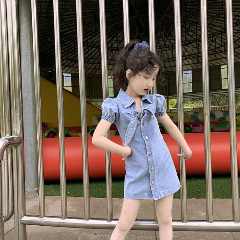 

Girls Dresses Summer Korean Style Girls Denim Bow Dress Fashion Solid Color Casual Dress Children's Clothing 4-10years, As pic