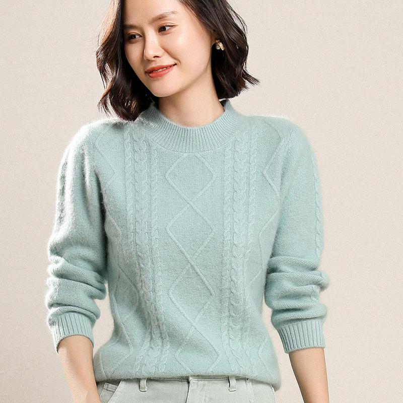 

Women Half Turtleneck Plush Mink Cashmere Cable High O-Neck Pullover Sweater Fluffy Warm Cozy Solid Knitted Jumper England Style, Gray