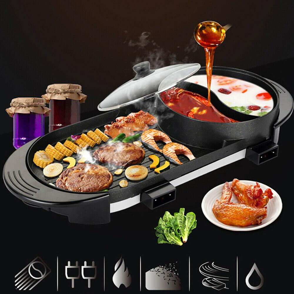 

2 in 1 Electric Hot Pot Pan Barbecue Grill Non-Stick Teppanyaki Soup Portable