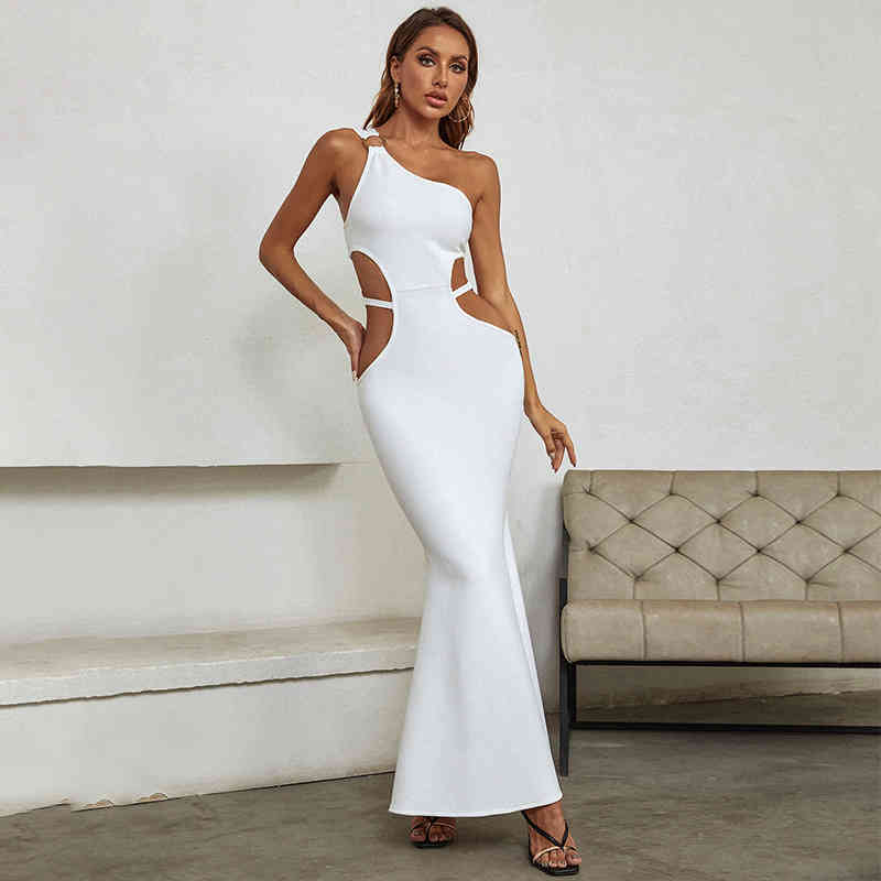 

Casual Dresses Autumn and winter women' oblique shoulder hollow out evening dress celebrity party sexy backless waist bandage skirt 63SY, White
