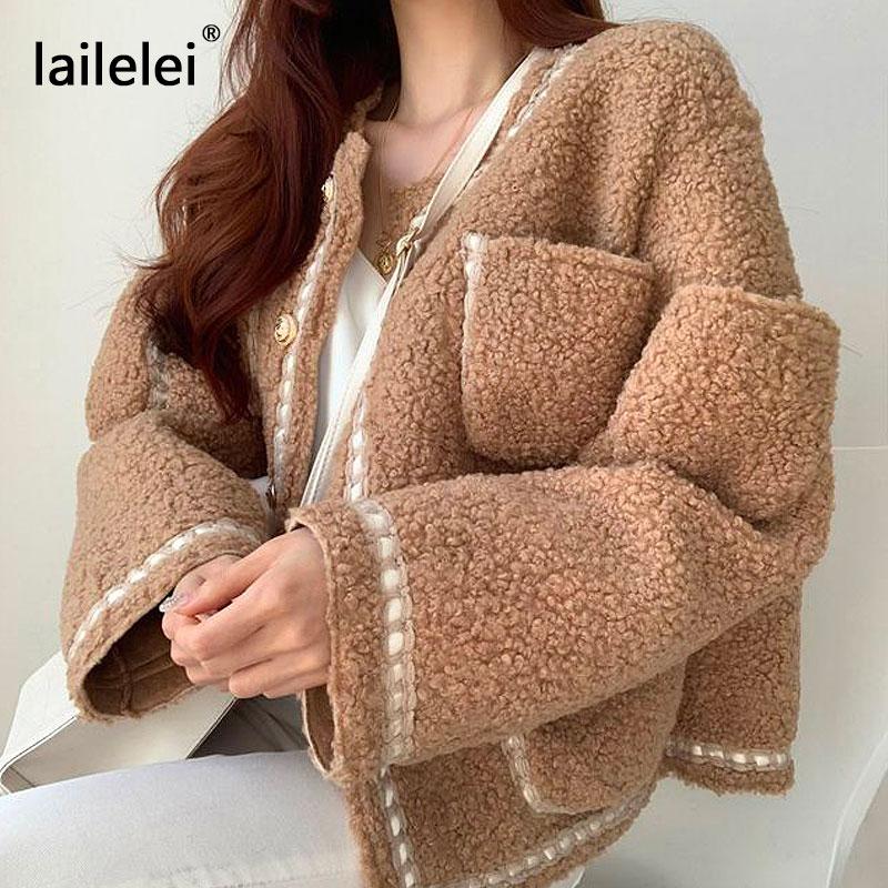 

Pocket Fur Short Jacket Long Sleeve Button Warm Coat O Neck Woman Winter 2020 Autumn Oversized Harajuku Chic White Black Top