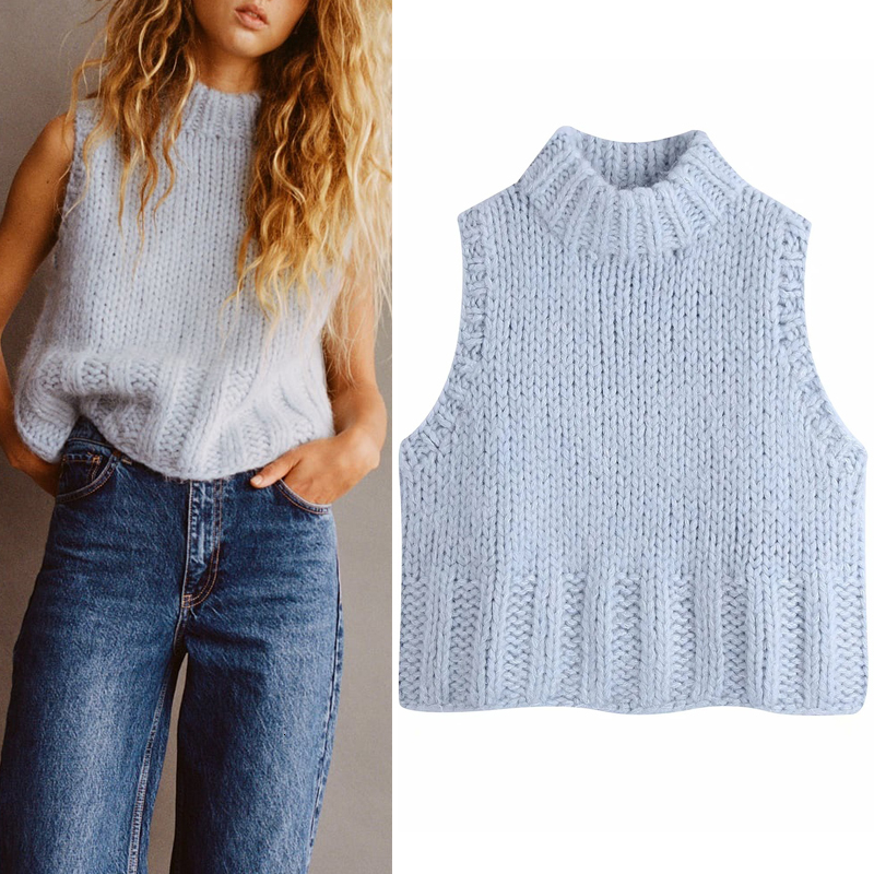 

2021 New  Cropped Knitted Sweater Women Autumn Winter o Neck Sleeveless Vintage Vest Woman Fashion Casual Sweatervest 0isi, Blue