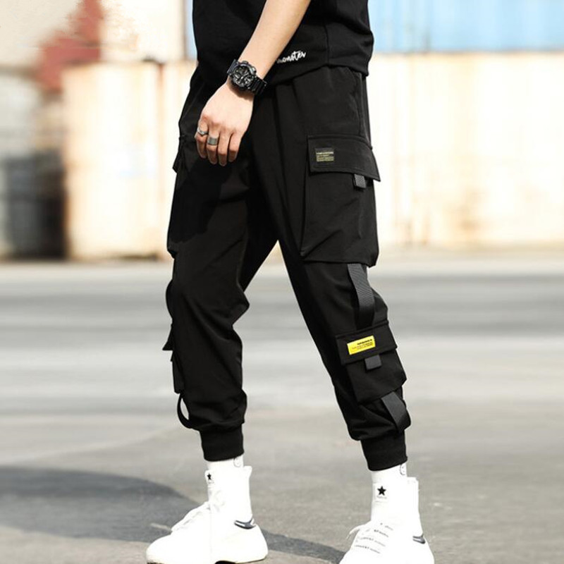 

2021 Spring Autumn Men Black Korean Ribbons From Various Cargo Pockets Male Streetwear Hip Hop Running Pants 8b0l