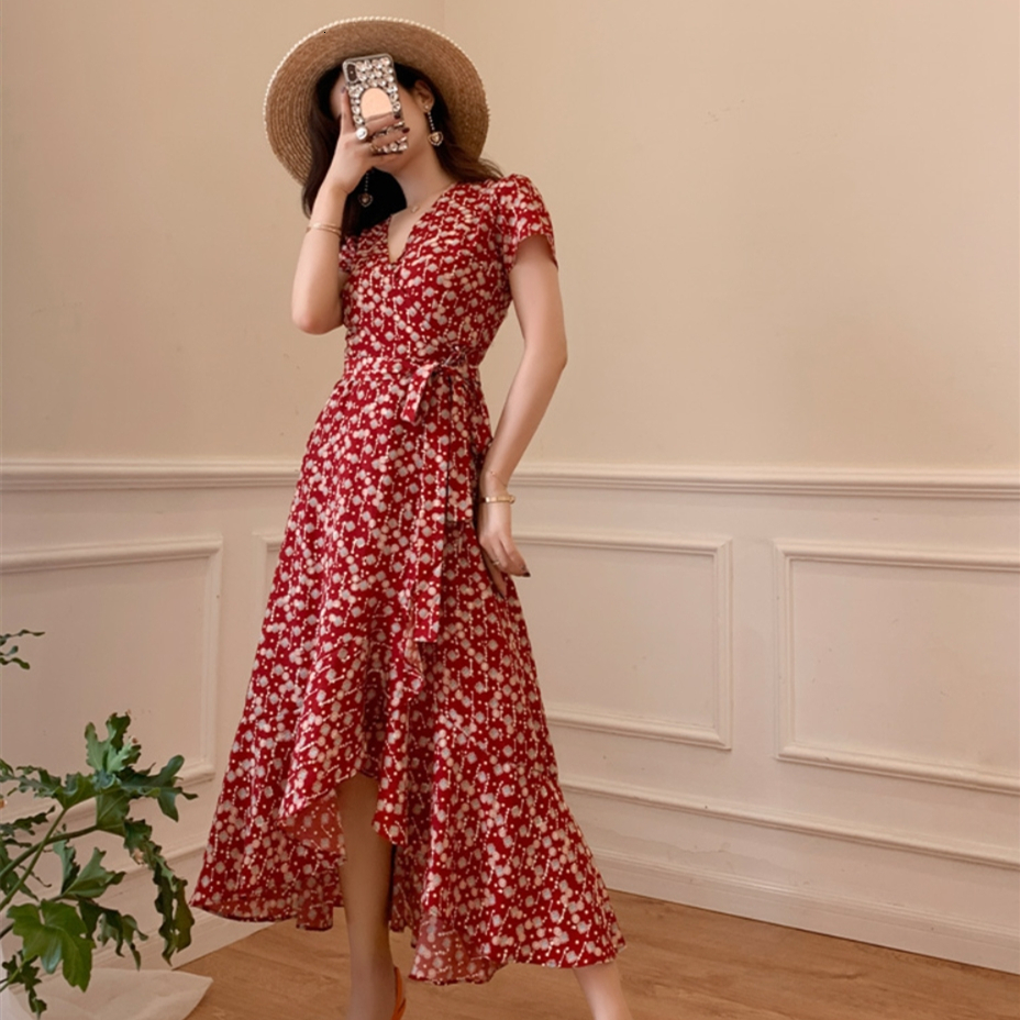 

2021 New Bohemian Retro Floral Print Summer Es for Women Short Sleeve v Neck Beach Holiday Club Eeif, Red