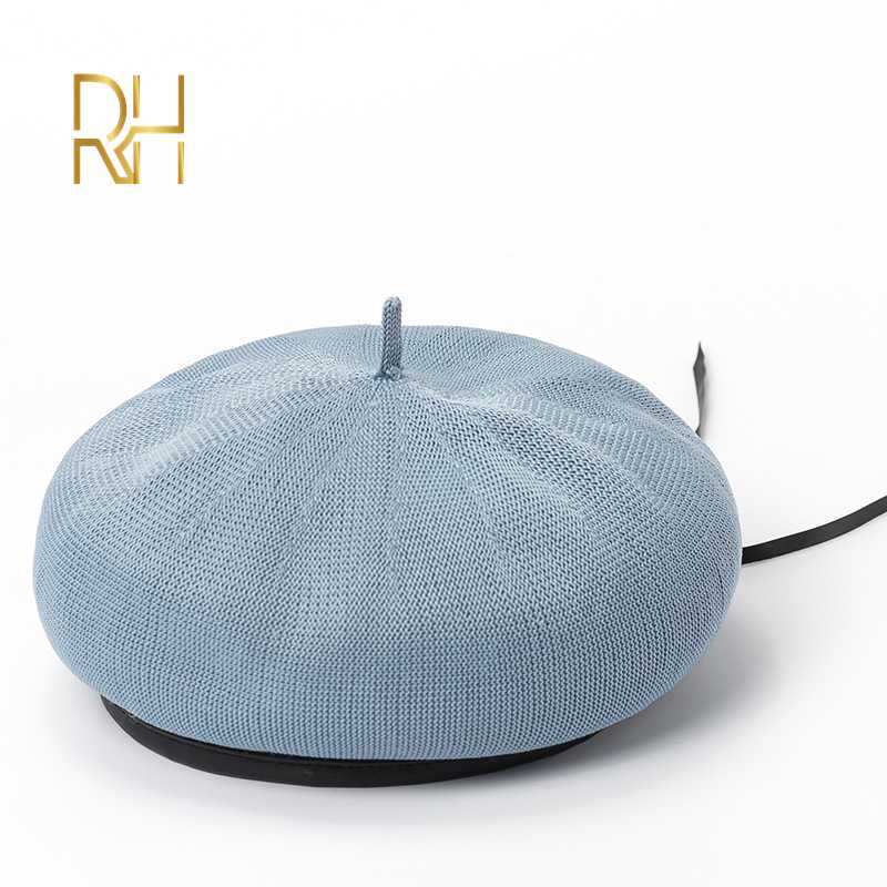 

French Women Beret Spring Summer Girl Beret Breathable Adjustment Draw String Pu Leather Painter Cap RH, Black