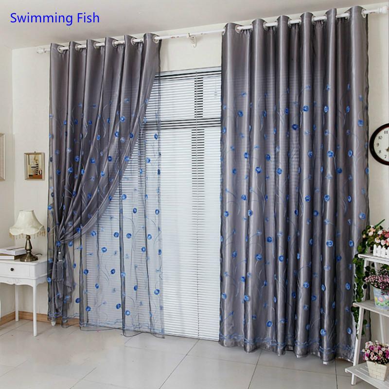 

semi-blackout cloth+tulle curtains for home Fashion purple decoration quality embroidered rustic floor-length drapes, Yellow