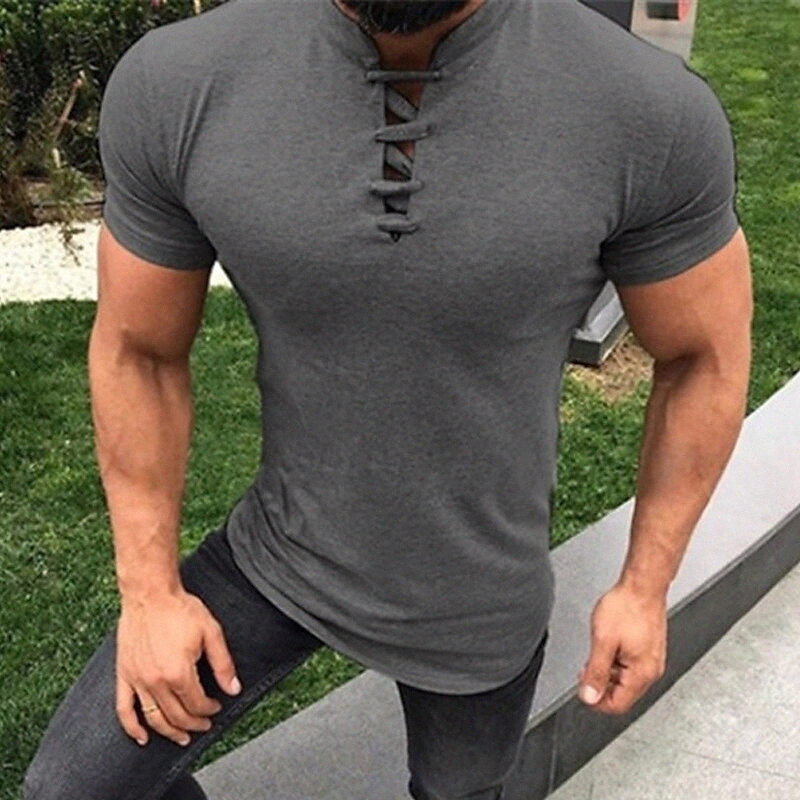 T-shirt pour hommes Couleur de couleur solide Collier Casual Dating à lacets à lacets courts Tops légers Mode légère et grand monsieur vin bleu n