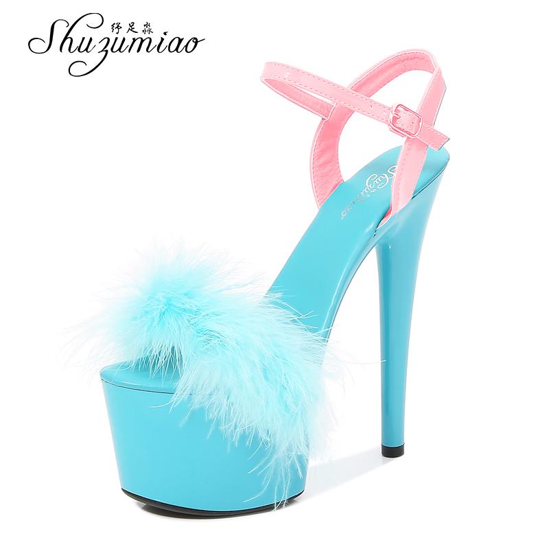 

Mixed Colors Fur Women Shoes 2021 Feather Sandals Stripers Heels Platform 17 CM High Heels Sexy Pole Dance Sandals Wedding Shoes, As picture shown