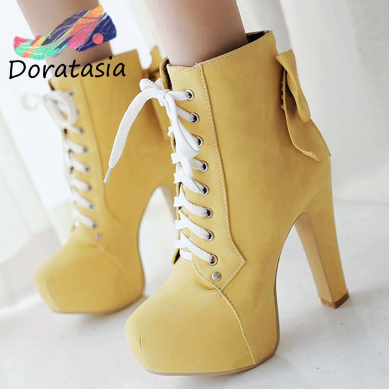 

DORATASIA big size 31-43 new women fashion bowtie platform ankle shoes 2020 party boots women lcae up high heels boots, Apricot no fur