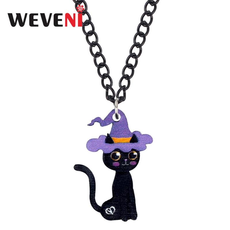 

WEVENI Acrylic Hallowen Anime Black Cat Kitten Necklace Pendant Chain Festival Decorations Jewelry Hot Gift For Women Girls Kids