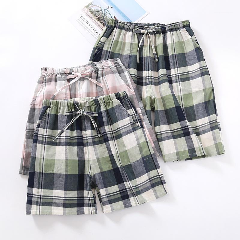 

Japanese new summer couple lattice pajamas shorts men and women cotton gauze thin section shorts home pants ladies sleep pants1, Female green plaid