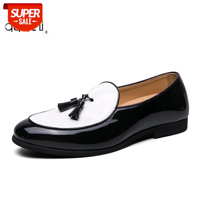 

LUXURY LOAFERS ELEGANT MEN DRESS WEDDING OFFICE SHOES SUEDE PATCHWORK PATENT LEATHER SLIP ON TASSEL LOAFER FOR MEN CASUAL SHOES #Bv1z, Black