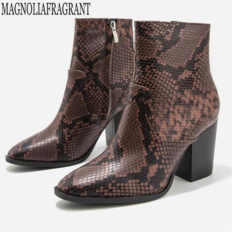 

Sexy Snakeskin Pattern Booties Pointed Toe Thick heel Shoes Boots Zipper Women Ankle Boots Spring Autumn Serpentine y305, Black