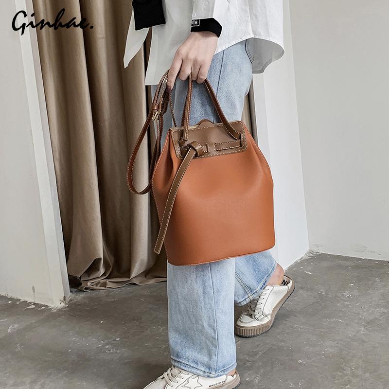 

Fashion Panelled Shoulder Bag PU Leather String Bucket Bag Luxury Handbag Women Large Capacity Crossbody Female Casual Totes, Black