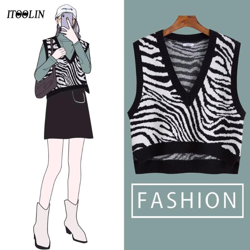 

ITOOLIN Deep V-neck Knit Vest Cotton Korean Loose Preppy Style Waistcoat Women's Sweaters Zebra Waistcoat Vest Sleeveless Jacket, Black