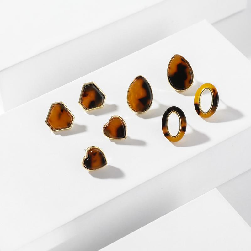 

Stud 4 Pair/Set Vintage Geometric Heart Tortoiseshell Acrylic Alloy Earrings Water Drop Oval Small Cute Bijoux Jewelry Gift