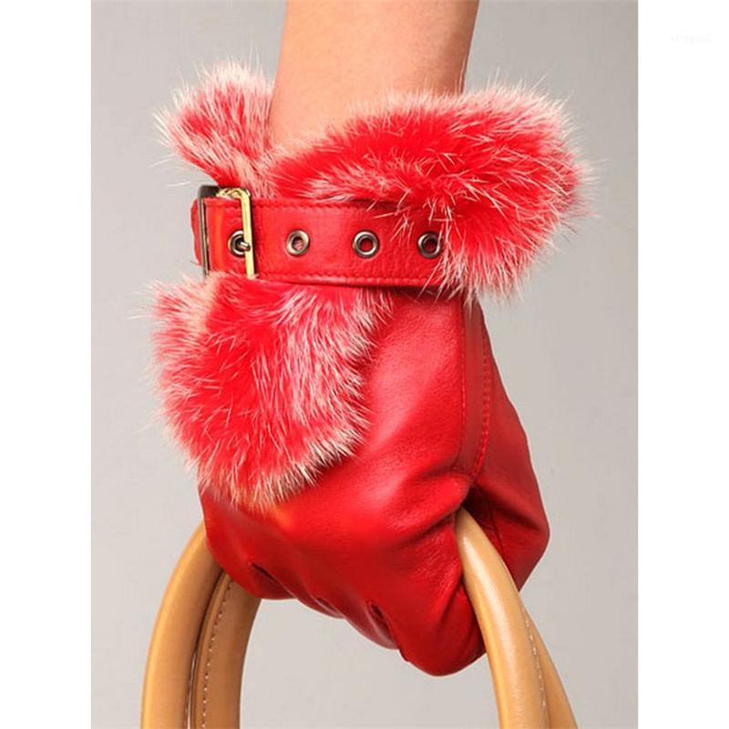 

Five Fingers Gloves Women Fashion Sheepskin Wrist Hair Genuine Leather Finger Elegant Lady Driving Glove L057PN-51