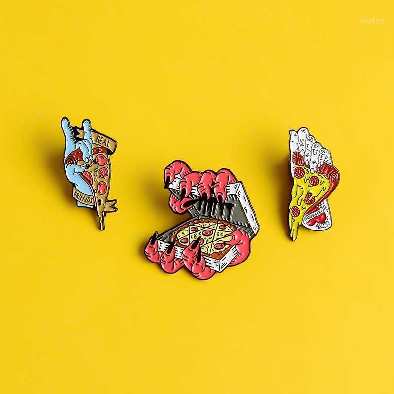

Devil treat you eat pizza enamel pins Real friends badges Punk hands brooches Jackets bags Lapel pin Halloween jewelry gifts1