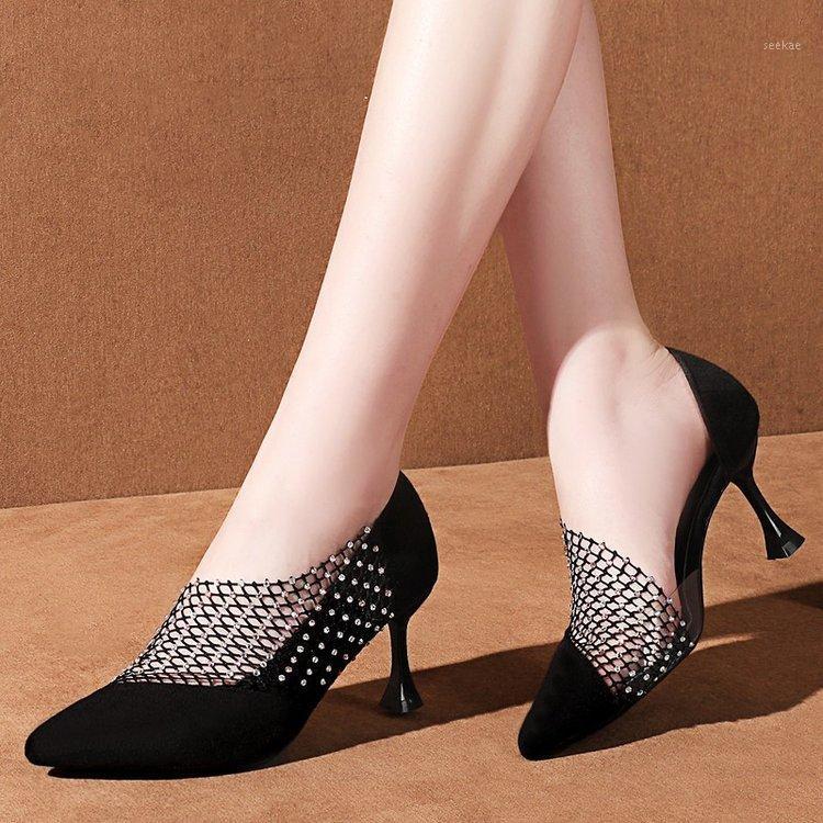 

New spring/summer women's fashion shoes 2021 stitching mesh yarn hot drill side empty pointed head wild sexy work shoes hot reco1, Black