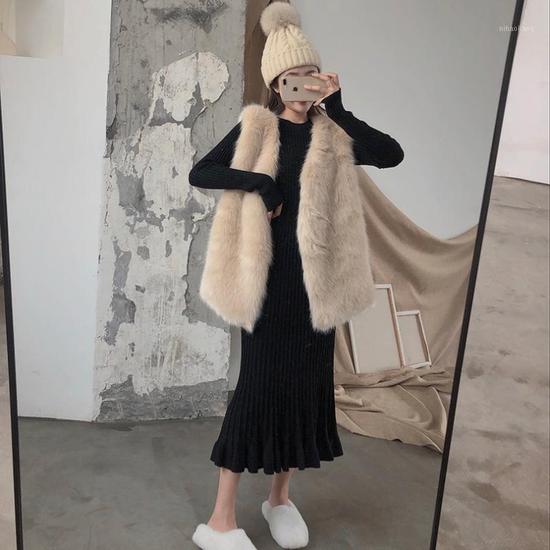 

New Imitation Hair Vest Women' Clothing Autumn Korean Version Plush V-Neck Solid Coat Women Fashion Sleeveless Vest Woman1, Knit dress