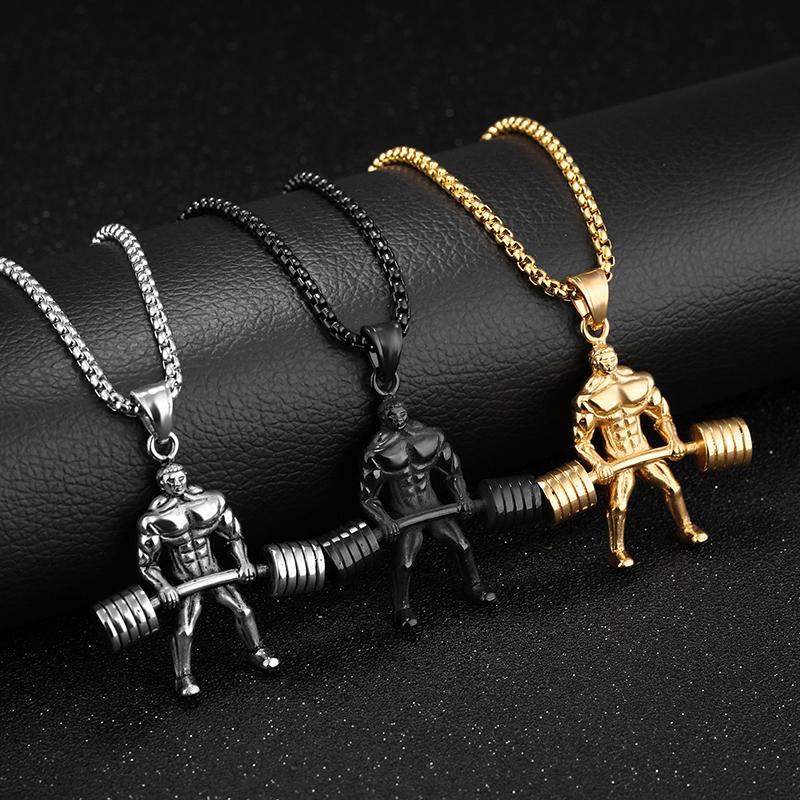 

Hip Hop Rock Fitness Muscular Man Weightlifting Necklaces Pendants Stainless Steel Men GYM Sport Jewelry Gold Black Silver Color