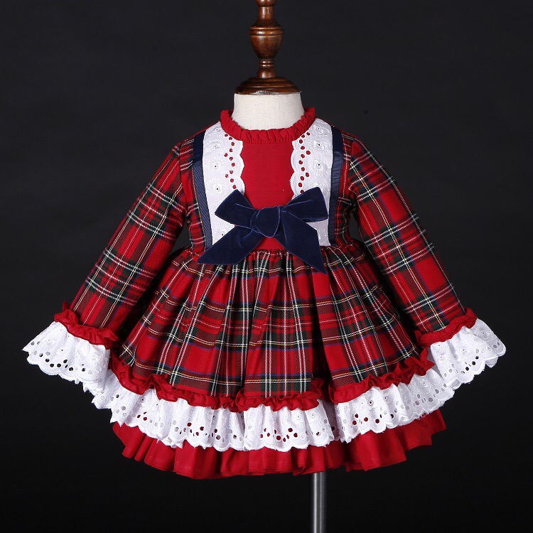 

3PCS Baby Girl Autumn Winter Red Plaid Vintage Spanish Pompom Ball Princess Lolita Dress with Hat Pants for Christmas Birthday