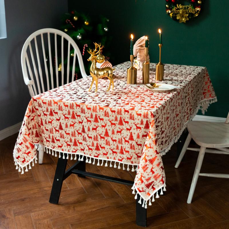 

Merry Christmas Tree Elk Table Cover Cushion Cover Cotton Linen Blend Tableclothes Red Tassel Edge Dining Table Cloth for Home, No.2