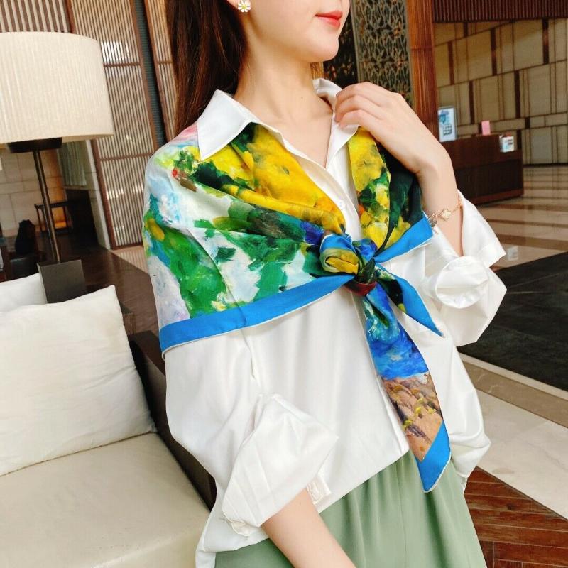 

Scarves 100% Twill Silk Scarf Women Fashion Oil Painting Flower Shawl Hijab Sand Wash Bandana Hand Rolled Stole 105*105cm, Blue;gray