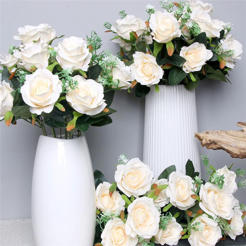 

Hot 7 Heads Fake Rose Flowers Romantic Wedding Bridal Holding Silk Rose Bouquet Artificial Flowers for Home Garden Decoration, Champagne