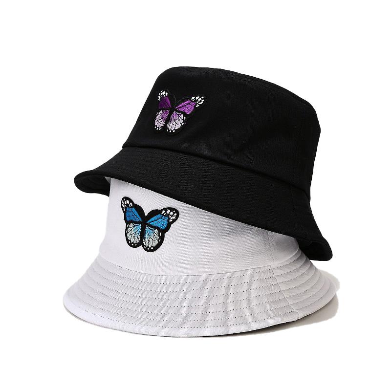 

New Fashion Reversible Black White Bucket Hats Fisherman Caps For Women Gorras Summer Butterfly Embroidery Outdoor Sun Hat