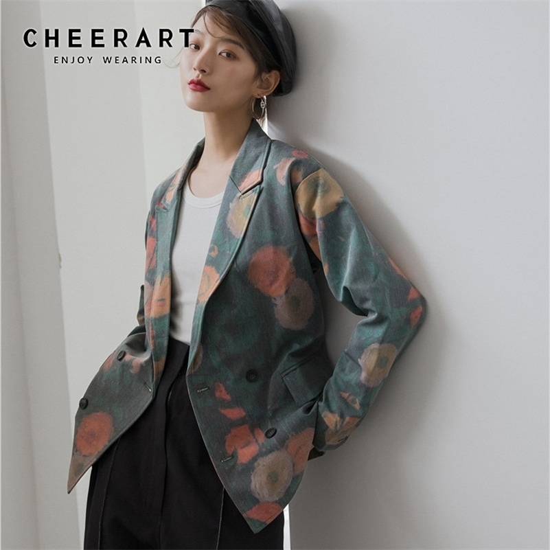 

CHEERART Vintage Green Floral Print Blazer Women Fall Loose Fashion Blazers And Jackets Coat Suit Designer Fall Jackets 201114, Beige