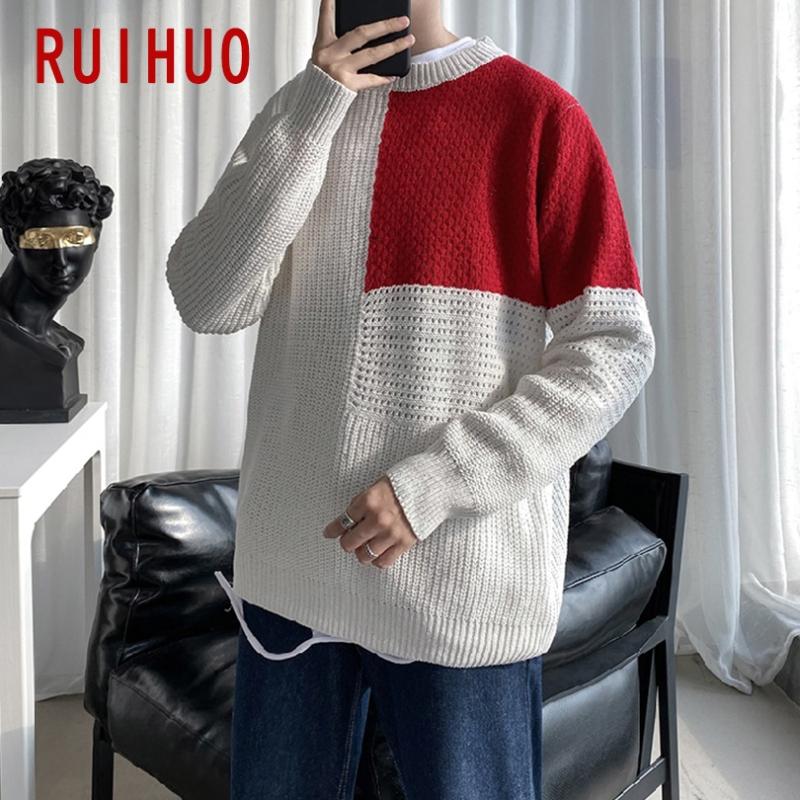 

RUIHUO Splicing Knitted Sweater Men's Clothing Pull Mens Sweater Winter Men Clothes Pullover 2020 Autumn Winter New -2XL, Blue