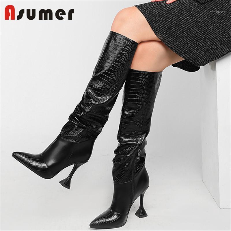 

Asumer European Style Knee High Boots Women Pleated Zip Sexy Thin High Heels Long Boots Fashion Women Party Shoes Big Size 421, Beige
