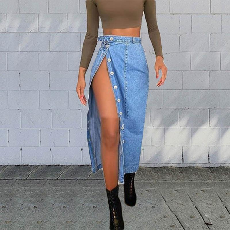

Casual Denim Skirt Split Hip Skirt Fashion Buttons for Women Sexy High Waist Sexy & Club, Bl