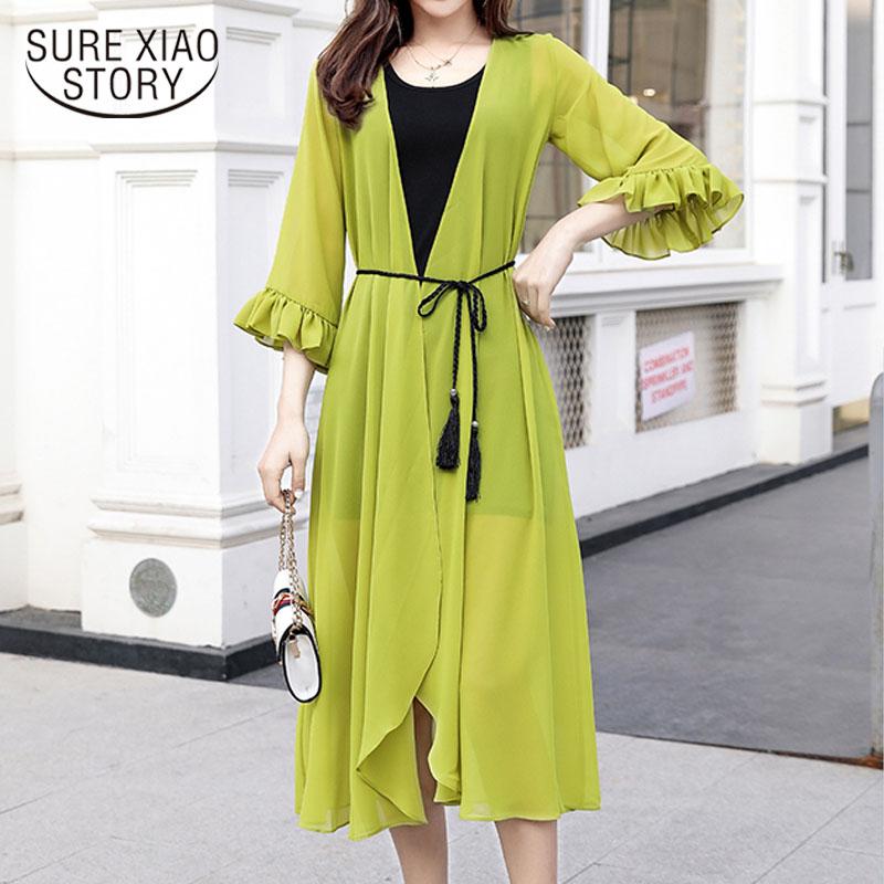 

Women's Blouses & Shirts Summer Irregular Chiffon Shawl Mid-Length Three-Quarter Sleeve Thin Sun-Proof Clothing Elegant Fashion Cardigan 973, White