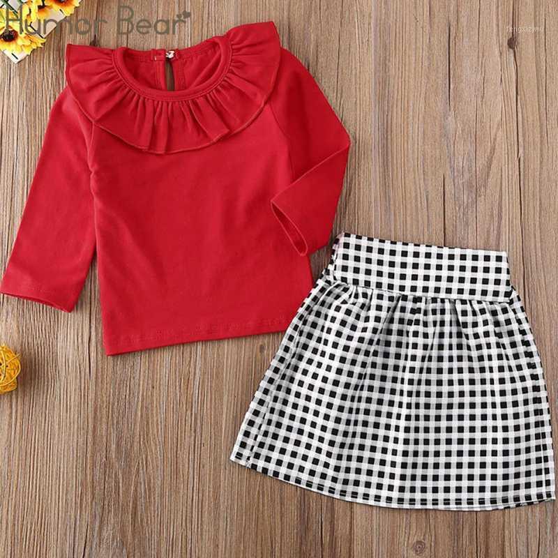 

Humor Bear New Fashion Toddler Baby Girl Clothes Solid Color Ruffle Long Sleeve Tops +Plaids Mini Skirt 2Pcs Outfits Clothes Set1, Be249 red