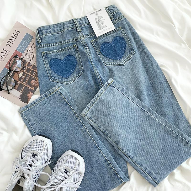 

Vintage Casual Heart Patchwork Long Jeans Women Botton Korean Style High Waist Straight Female Harajuku Denim Trousers, Blue