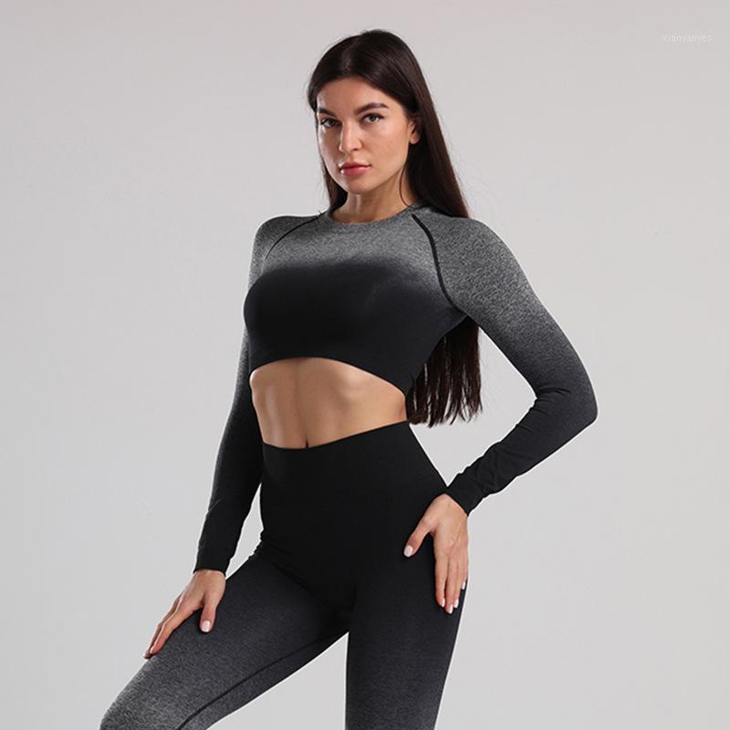 

2PCS Yoga Set Women Long Sleeve Crop Tops And High Waisted Tummy Control Sport Leggings Gym Clothing Seamless Sport Suit1, Black set