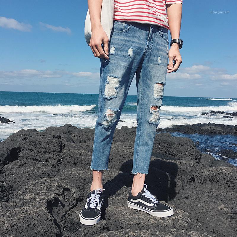 

HOT 2020 Fashion Casual Men's summer denim fashionable man leg knee big hole teenagers elastic jean Ankle Length pants1, Sky blue