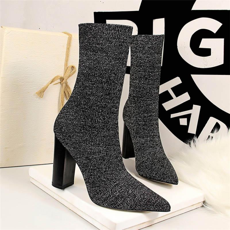 

2020 Winter Trending Women Pointed Toe Ankle Boots 9.5cm High Heels Sock Boots Bling Lady Sexy Club Party Shoes Plus Size 42 43, Black