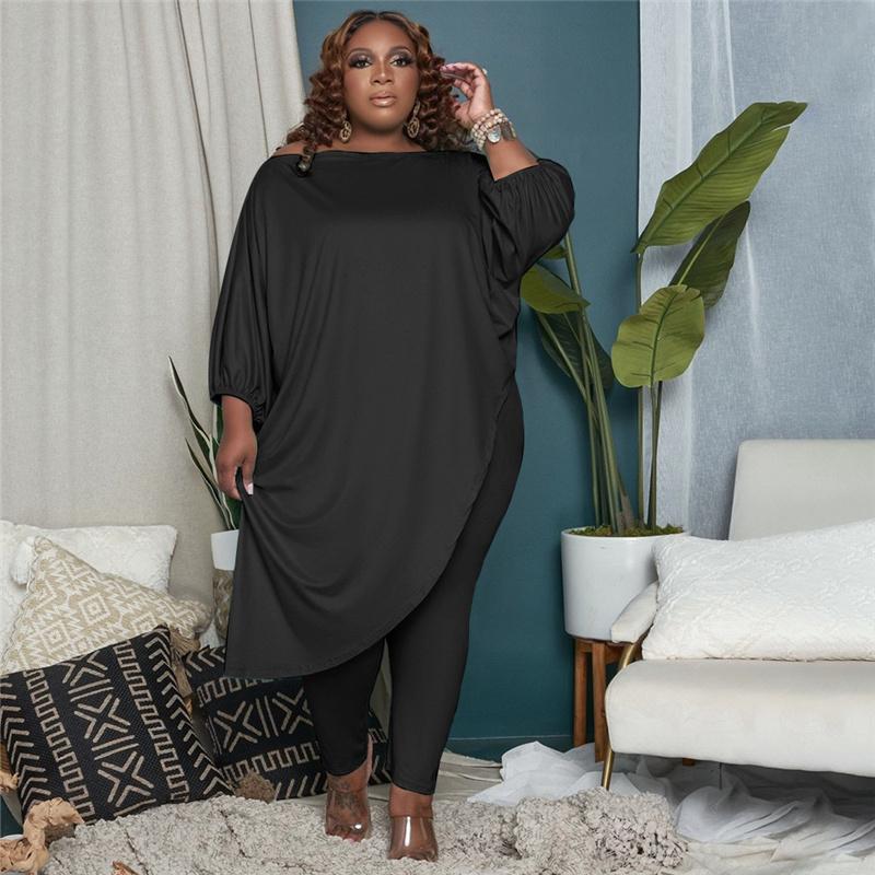 

Plus Size Tracksuits Women Clothing L-5XL Fall Long Sleeve Tops And Leggings Solid Loungewear Casual Two Piece Set Drop Wholesale, Black