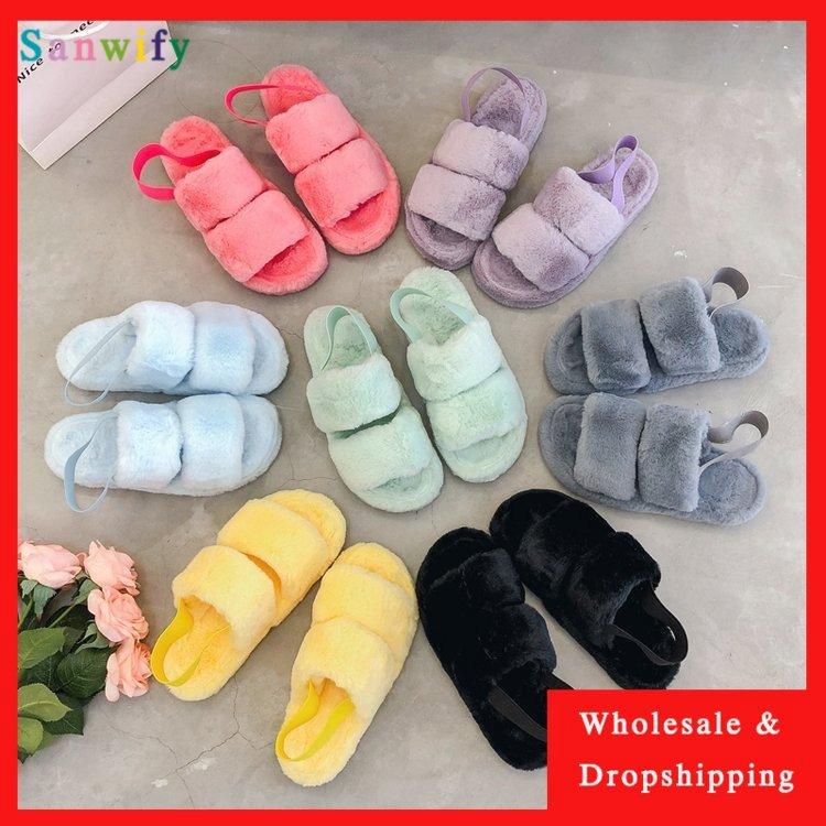 

New Women Fur Slippers Winter Slides Fluffy Furry Sandals Woman Flip Flops Home Slippers Hot Ladies Plush Shoes, Watermelon
